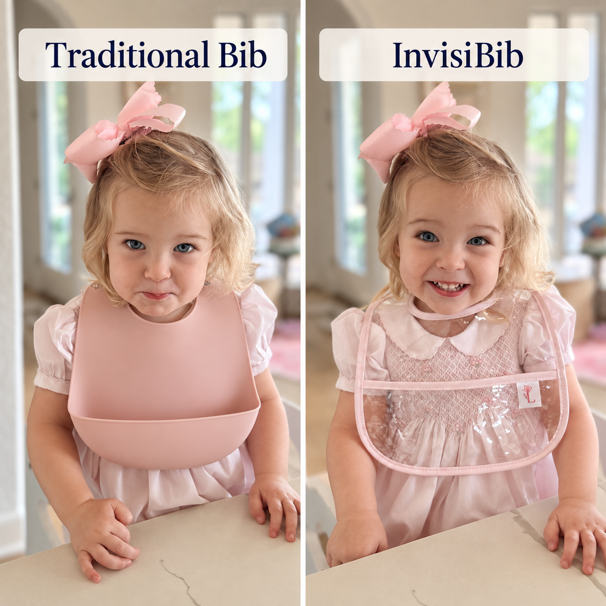 A side-by-side comparison of two baby bibs worn by a young girl. The left side shows a traditional solid pink silicone bib labeled 'Traditional Bib'. the right side shows the invisiBib - a clear bib intended to show outfits beneath it 